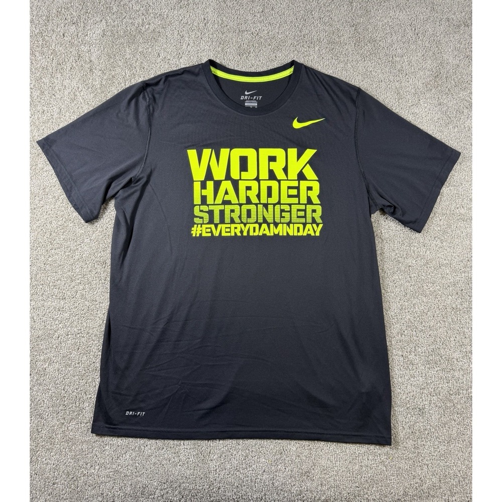 Nike Dri-Fit Shirt Mens XL Black Graphic Tee Work Harder Stronger Training T